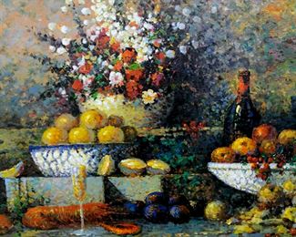 Oil painting on canvas, Signed illegibly in  lower right corner. Artwork depicts fruit  still life with drinks and lobsters. Canvas  is set in painted frame, possibly carved  material composite over wood frame. Measures approx 36.5 inches in height by 46.5 inches  in width with frame. Settings for frame  measure approx 29 inches in height by 39.25  inches in width. Signed original artwork,  decorative wall art, impressionist artwork, fruit & food still life. 7
