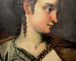 Painting on canvas depicts portrait of  Agrippina, wife of Tiberius, after Aegidius  Sadeler II‘s 16th Century engraving of the  Roman empress. Painting is possibly antique,  features writing ‘Agrippina Tiberi Vxo’ along  top. Canvas is set in Painted wood frame.  Measures approx 30 inches in height by 25.25  inches in width with frame. Craqueleur In  painting consistent with age. Some surface  wear of frame. Portrait, portraiture, Roman empress painting, historical portrait  painting, female portrait, decorative wall  art, possibly antique art. 