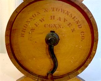 Antique Wood butter churn has stenciled cow  design , stenciled company name in block  print reads Bronson & Townsend Co, New Haven,  Conn, iron and wood hand crank, carved feet,  framed barrel shaped churn, removable lid, 19th Century antique Kitchenware, antique  Americana, collectible antique tools, cow  design butter churn, also stenciled No. 1  Improved
