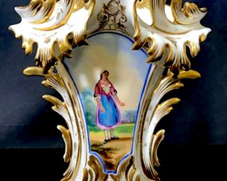 Antique French Porcelain, c. 1870.  Hand-painted portrait of woman in landscape  motif with gilt decorations on a porcelain  white ground. Measures approx 7.8 inches in  height by 6 inches in width by 3.5 inches in depth. Some very minor fading of gilt  details, consistent with age. Old Paris  porcelain, old French porcelain,  porcelain-ware, antique French porcelain,  ornate gilt vase, decorative display accessory, collectible Old Paris porcelain,  collectible French porcelain, porcelain  ceramic vase vessel, vieux Paris porcelain,  19th century porcelain. 
