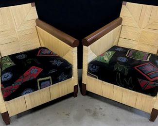 Pair DONGHIA John Hutton Merbau Collection  Lounge Chairs constructed of Mahogany and  Rushed Style Whicker With Contemporary Style  Upholstered Seat Cushion. John Hutton was an  innovative American furniture designer that was renown for his emphasis on 20th-century  transitional style by combining contemporary  and classic design. He had a major impact on  furniture, textile, and lighting. His work is  showcased in various museums around the country. Marked on underside of chairs DONGHIA, Some  minor surface scratches and nicks to mahogany  frame, measures approximately 29.5 inches  tall x 28 inches wide x 30 inches deep. 20th Century Style Furnishings, DONGHIA Club  Chairs, Lounge Chairs, D&D Building  Furniture, Luxury Designer Furniture, Luxury  Home Decor, John Hutton Designed Furniture,  Property Of A NY City Apartment. 