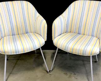 Pair Of Vintage Upholstered Barrel Chairs W  Metal Legs, Upholstered in yellow, cream,  blue and green striped material, welted trim,  silver toned legs and adjustable padded  feet, some repair needed near one arm edge and small tears to one seat, measured  approximately 31.5 inches tall x 24.5 inches  wide x 26 inches deep. MCM Mid century Modern  style Vintage Bucket Chairs, Barrel Back  Chairs, Tub Chairs, Arm Chairs, Accent Chairs. mod chairs, mcm, authentic mid  century mod chairs, martini modern chairs,  atomic style 