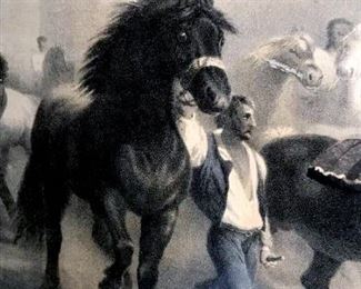 Framed lithograph by N. Sarong of Rosa  Bonheur’s artwork titled ‘The Horse Fair.’  Lithograph is matted and set behind glass in  painted wood frame. Measures approx 21.75  inches in height by 31.6 inches in width with  frame. Artwork has not been inspected  outside of frame. Some minor wear of  lithograph, including foxing. Horse art,  decorative wall art, vintage lithograph.  equine art 