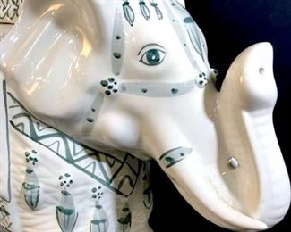 Vintage mid-century Asian inspired ceramic  elephant garden stool, plant stand. White and  sage green in tone. Measures approx 20.8  inches in height by 22 inches by 8.5 inches  in length and width. Vintage mid-century ceramics, Asian inspired ceramics, Italian  ceramics, elephant plant stand garden stool,  interior home decor accessory, decorative  outdoor garden patio accessory, Asian arts  and crafts, decorative arts and accessories 