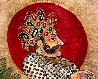 Mughal Painting in the style of Persian  miniature, illuminated manuscript artwork  depicting male figure with halo. Paper is set  behind glass in gold tone wood frame.  Measures approx 15.25 inches in height by 11.6 inches in width with frame. Mughal  Painting, illuminated manuscript, Indian  miniature painting, Persian miniature  painting, decorative art. fine art 