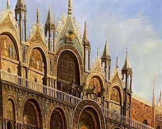 Oversized oil painting on canvas, Signed  Staman in lower right corner. Painting  depicts Venice’s St. Mark’s Basilica. Canvas  is set in gold tone carved frame, possibly  material composite over wood. Measures approx  42.2 inches in height by 53.75 inches in  width with frame. Settings for frame measure  approx 35.25 inches in height by 47.5 inches  in width. Signed original oil painting,  decorative wall art, oversized artwork, mantelpiece artwork, Venice Italy artwork. 