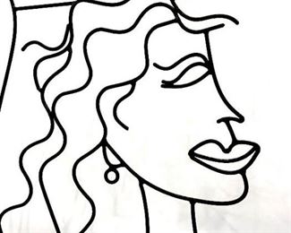 Signed Barrett DeBUSK (American, 1955 - )  black tone iron metal wire sculpture  depicting a couple drinking wine. Signed  ‘DeBusk’ With wire along the right side of  sculpture, attributed to Barrett DeBusk. Measures approx 24.5 inches in height by  37.75 inches in width. Signed whimsical wire  sculpture, signed original art, whimsical  art, metal wall hanging sculpture,  collectible fine art. Property of a Manhattan, New York Estate. ‘DeBusk has been creating art for over 30  years. What began as an attempt to pass a  drawing class using steel instead of pencil  and paper has become a long and celebrated career that spans the globe. DeBusk has  entertained dignitaries at the American  Ambassadors home in Amsterdam, enjoyed  successful gallery exhibitions from St. Louis  to Tokyo and all points in between. His artwork has been treasured in the White  House, on the big screen, in museums and  public displays and, most importantly, in  homes around the world.  By telling his  stories in 