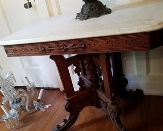 Carved Victorian side table with marble top