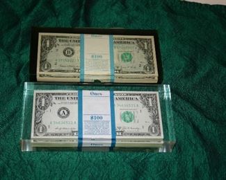 2 Stacks of $1 Dollar Bills from 1969 inside of a Clear Lucite Each Stack Reads $100 Novelty Item Paper Weight