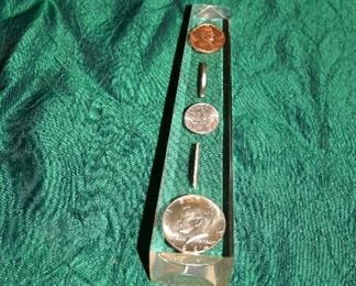 Lucite Paper Weight with 1964 U.S. Silver Coins Plus Others See Image