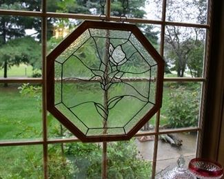 Octagonal Shape Floral Motif Wood Frame Leaded Glass Window Insert