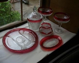 Cranberry & Clear Glass Serving Trays, Foot Compotes, Biscuit Jar & More