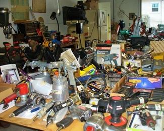 LOOK AT THIS TREMENDOUS SELECTION OF PNEUMATIC AIR PRESSURE TOOLS.  GARAGE PACKED TO THE WALLS