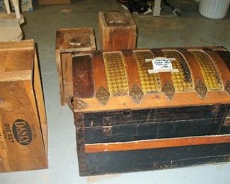 NICE TRUNK, WOODEN CRATE WITH GREAT ADVERTISING, MISCELLANEOUS WOODEN BOXES