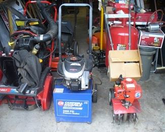 MOWER, CULTIVATOR, SNOWBLOWER, OTHER LARGE TOOLS ON TABLES AND UNDER THEM