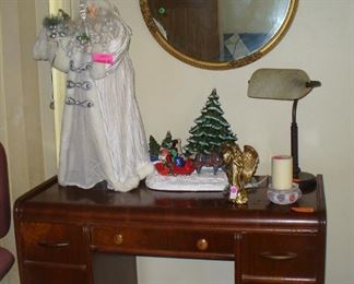 WATERFALL ANTIQUE DESK, VINTAGE LAMP AND MIRROR WITH SOME NICE CHRISTMAS ITEMS