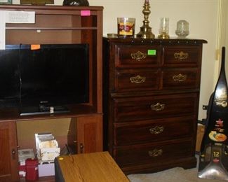 CHEST OF DRAWERS, ENTERTAINMENT CENTER, FLOOR SCRUBBER, TOP VIEW OF ONE OF THE FLOOR SPEAKERS, FLAT SCREEN TV (WE HAVE 3 FLAT SCREENS OF DIFFERENT SIZES FOR SALE)