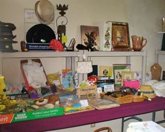 MEN'S AND GALS' VINTAGE HATS, BOXES OF VINTAGE BABY CLOTHES, POKER CHIPS, DEPRESSION GLASS AND LOTS OF MISCELLANEOUS