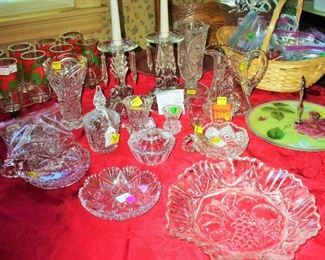 POINSETTA GLASS SET IN WIRE RACK, SALT CELLARS, CUT GLASS MARMALADE WITH SPOON, SET OF PRISM CANDLE HOLDERS, BASKET OF VINTAGE CHRISTMAS ORNAMENTS, NICE CUT GLASS PIECES LIKE NAPPIES, 