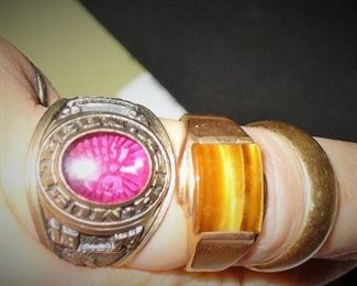 1974 CLASS RING MUSKEGON HIGH SCHOOL , TIGER EYE RING AND GOLD WEDDING BAND