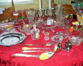 CHECK OUT THE SILVER SERVING PIECES.  THE CHROME SERVER HAS A BAKELITE HANDLE AND THE LARGE LADLE IS DOUBLE SIDED.  NICE SERVING PIECES TO GO WITH THE CUT GLASS FOR THE HOLIDAYS.  ALSO LOTS OF MISCELLANEOUS FLATWARE