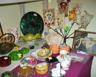 CLOSE UP OF FLOWER FROGS, METAL AND GLASS AND TWO CUPID PICTURES, 50'S BOWL AND 50'S FOIL PLATE,, CALIFORNIA POTTERY, ETC.