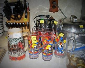BUD COLLECTIBLE GLASSES, BEER STEIN, KNIFE SET, VERY NICE SILVER ROASTER HEAVY