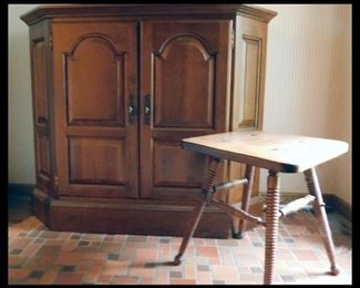 Cabinet and Antique Spindled Leg Stool.