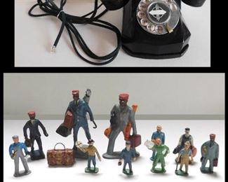 Rotary Deco Desk Phone (works) and Collection of Bellhop Figurines. 