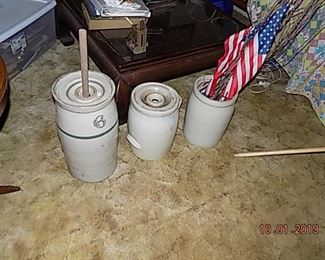 3 pieces of crockery - one butter urn and dasher  in very good condition, one butter urn chipped, one crock in good condition