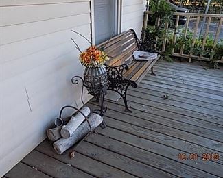 Oak bench, log holder, plant stand