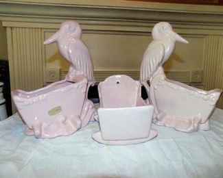 Haeger Pottery 75th anniversary pottery 2 stork with cradle, 1 cradle