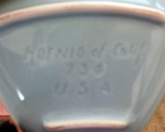 Hoenig of California Pottery ceramic serving set No. 734 and was manufactured in the USA. It was designed to be used with a lazy-susan which is not available. When arranged together the set measures approximately 17" in diameter. The center covered dish is missing.  Each apple dish measures 6" long and almost 6" at its widest point. Good condition