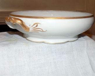 French bowl 9" two handles gold trim