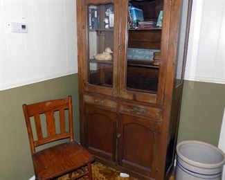 China cabinet 38 x 16 x 62 tall, three upper shelves, 2 drawers, lower cabinet with 2 shelves, very well made