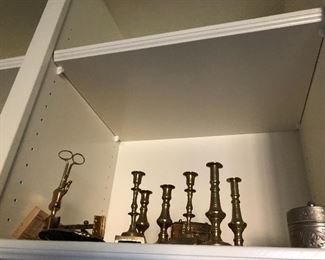 6 brass candlesticks & snuffer