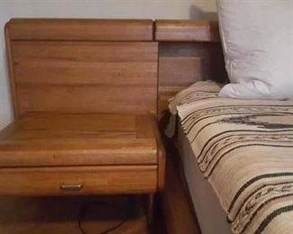 bedroom platform bed side table view 80s modern oak