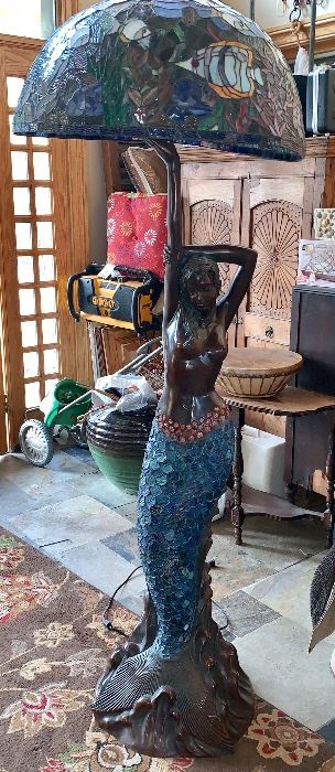Stunning Mermaid floor lamp w/stain glass globe - approx 5-1/2 ft tall 