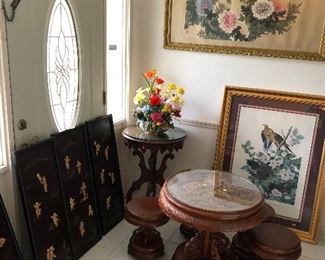 Chinese tea table, Chinese wall hangings black with ivory colored in sets of happy men or boys