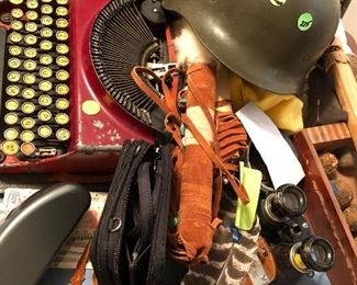 Miscellaneous including antique typewriter that works, binoculars, combat hat and much more