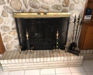 Andirons, fireplace screen and tools