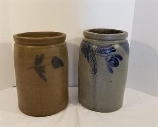 2 Antique Pottery Crocks Cobalt Tulip Painted https://ctbids.com/#!/description/share/252796