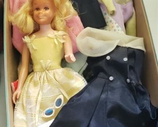 Assorted barbie clothes and accessories,  including Skooter doll