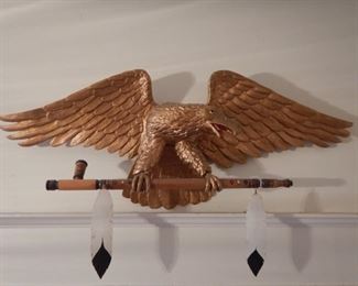 CARVED EAGLE WITH FEATHERS BY KENT BAILEY