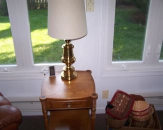 BRASS LAMP, BASKETS  & ONE-DRAWER TABLE