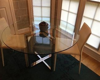 Crate & Barrel round glass table & pair leather chairs