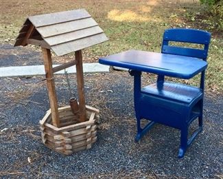 Garden well and vintage school desk