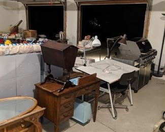 SINGER SEWING MACHINE, DRAFTING TABLE, WEBER GRILL