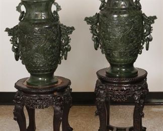 pair of carved Chinese spinach jade vases