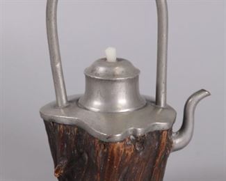 Chinese wood & pewter teapot, possibly 19th c., cover surmounted by white jade finial